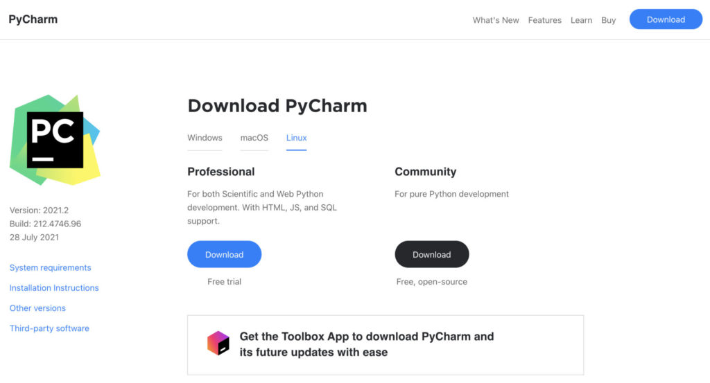 Có 2 phiên bản PyCharm: Community và Professional